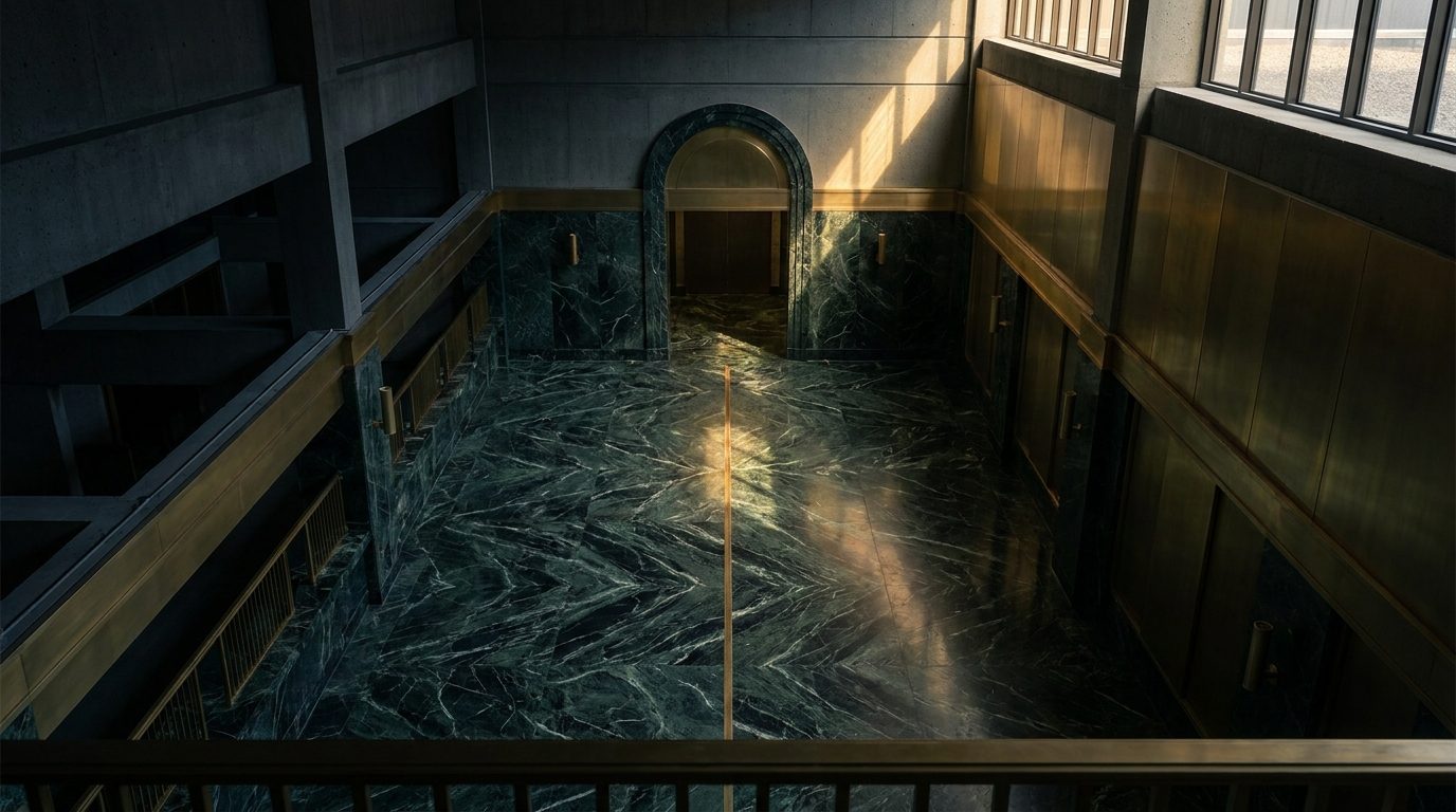 Marble banking hall at dusk with a brass meridian line inlaid along the floor