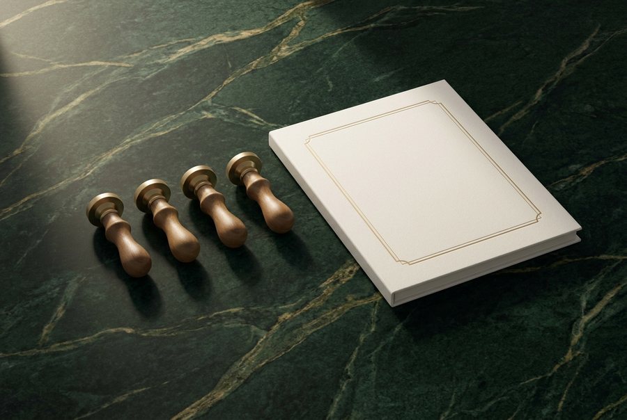 Brass corporate seals and an account mandate folder on dark marble