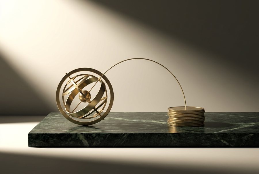 Brass armillary sphere and currency weights connected by a fine gold wire