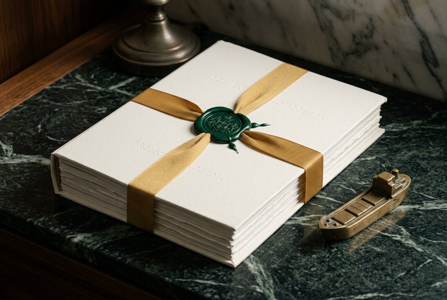 Sealed documentary credit dossier tied with gold ribbon beside a brass cargo ship weight