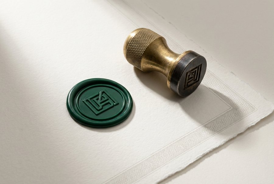 Deep green wax seal pressed into cotton paper beside a brass seal matrix