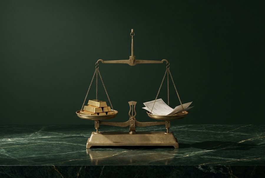 Brass balance scale in equilibrium with gold bars and certificate paper
